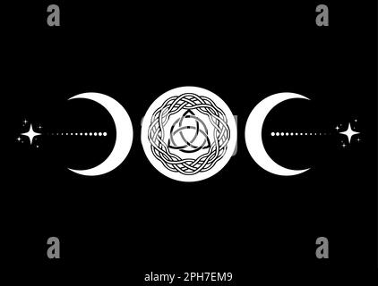 Dreifachmond religiöses Wicca-Zeichen. Wicca Triquetra Logo Neopaganismus Symbol, keltischer Knoten Triple Goddess Icon Tattoo, Göttin des Mondes, Halbmond Stock Vektor
