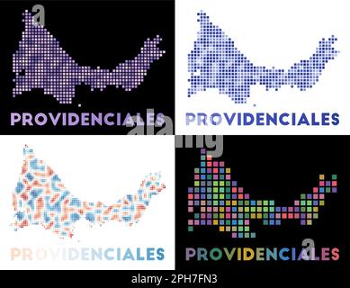 Providenciales-Zuordnung. Sammlung der Karte von Providenciales in gepunktetem Stil. Die Grenzen der Insel sind mit Rechtecken gefüllt. Stock Vektor