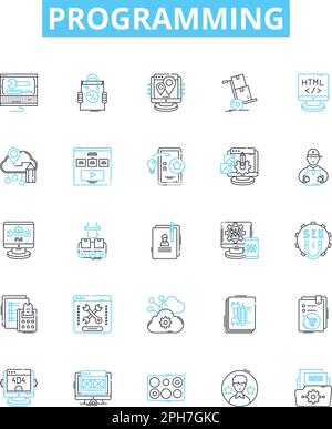 Programmieren der Vektorliniensymbole. Programmierung, Codierung, Skripterstellung, Codierungssprache, Algorithmus, Debugging, Software-Illustration, Konzept Stock Vektor