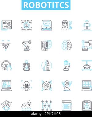 Robotitcs-Vektorliniensymbole eingestellt. Robotik, Automatisierung, KI, programmierbar, Maschinen, Autonom, Netzwerkdarstellung umreißt Konzeptsymbole und -Zeichen Stock Vektor