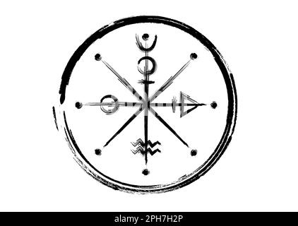 Das Rad der Fotune-Tarot-Symbol, weltweites uraltes Zeichen, der Zyklus des Lebens, Handzeichen-Pinselstrich-Stil magisches Hexen-schwarzes Tattoo-Symbol des Heiligen Stock Vektor