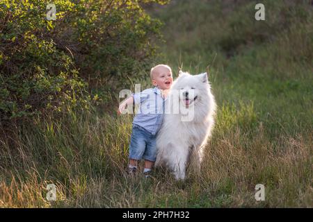 Der kleine Junge umarmt liebevoll den weißen, flauschigen Samoyerten Hund. Freundschaft zwischen Mensch und Tier. Therapie, Training, Pflege, Tierpflege. Reisen in der Natur mit Stockfoto