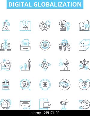 Liniensymbole für digitale Globalisierungsvektoren festgelegt. Digital, Globalisierung, Technologie, Konnektivität, Netzwerke, Veranschaulichung der Vernetzung und Mobilität Stock Vektor