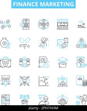 Symbolgruppe für Vektorlinien für Finanzmarketing. Finanzierung, Marketing, Bankwesen, Investitionen, Aktien, Anleihen, Maklerdarstellung umrissen Konzeptsymbole und Stock Vektor