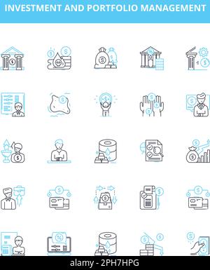 Symbolsatz für Vektorlinien für Investitions- und Portfoliomanagement. Investitionen, Portfolio, Management, Vermögenswerte, Eigenkapital, Festverzinsliche Wertpapiere, alternative Darstellung Stock Vektor