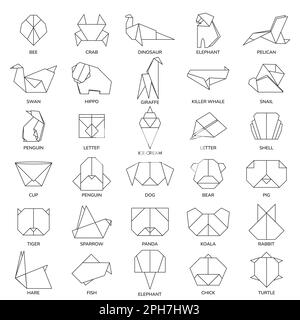 Eine Reihe von Origami-Tieren, Insekten, Vögeln und Gegenständen in flachem Stil. Stock Vektor
