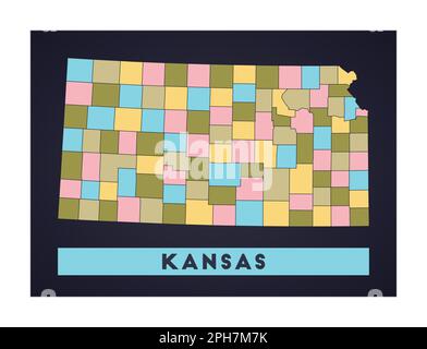 Kansas Karte. Poster mit Regionen in DEN USA. Form von Kansas mit US-Bundesstaat. Illustration des Strahlungsvektors. Stock Vektor