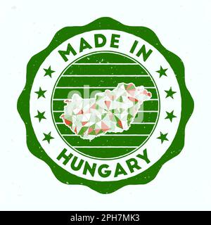 Hergestellt in Ungarn. Länderstempel. Siegel von Ungarn mit Grenzform. Vintage-Abzeichen mit kreisförmigem Text und Sternen. Vektorabbildung. Stock Vektor