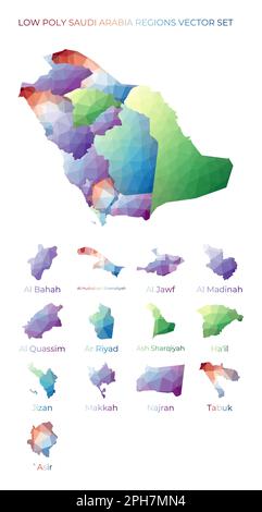 Saudi-arabische Regionen mit niedrigem Poly-Anteil. Polygonale Karte Saudi-Arabiens mit Regionen. Geometrische Karten für Ihr Design. Bezaubernde Vektor-Illustration. Stock Vektor