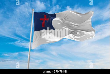 Die Flagge des Christen winkt im Wind am bewölkten Himmel. Liebe den heiligen Geist Glauben, die Menschen hoffen auf ostern, Religionskonzept. Speicherplatz kopieren. 3D Abbildung Stockfoto