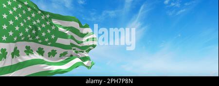 US Grüne Flagge. Die Flagge der USA in den Farben von St. Patricks Tag winkt im Wind am bewölkten Himmel. 3D Abbildung Stockfoto