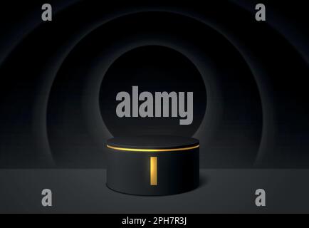 Schwarzer Motivhintergrund mit minimalem 3D-Stufen-Podium realistische Vektordarstellung auf schwarzem Kreishintergrund. Sockel für Produktausstellung, Unterlage, Gewinner und Werbung Stock Vektor
