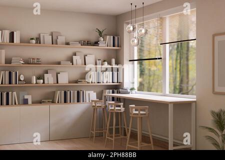 Schönes minimalistisches, zeitgemäßes Innendesign des Arbeitsraums mit Konsolentisch vor dem Fenster, Hockern, stilvollen Hängern, eingebauter Wandablage mit Stockfoto