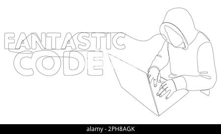 Eine durchgehende Mannschaft mit Laptop und fantastischem Code-Text. Vektorkonzept zur Darstellung dünner Linien. Kontur Zeichnen kreativer Ideen. Stock Vektor