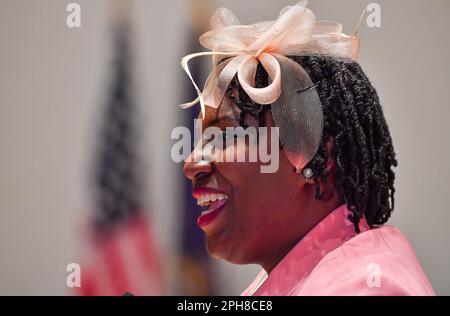 Wilkes Barre, Usa. 26. März 2023. Repräsentantin Joanna McClinton, die erste Rednerin des Hauses Pennsylvania, spricht von ihrem Aufstieg in der Regierung im Rahmen des Women's History Month. Die Vertreterin von Pennsylvania Joanna McClinton, die erste weibliche Sprecherin des Hauses, spricht bei einer Vorlesung des Women's History Month. (Foto: Aimee Dilger/SOPA Images/Sipa USA) Guthaben: SIPA USA/Alamy Live News Stockfoto