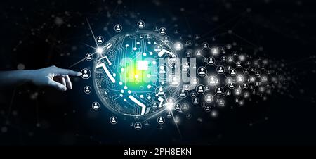 Hand führende globale Netzwerkverbindung und Datenaustausch mit abstraktem Hintergrund. Kommunikationstechnologie für Internet-Business und soziale Netzwerke. Stockfoto