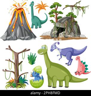 Illustration der Vektorsammlung Dinosaurier und Naturelemente Stock Vektor