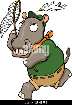 Cartoon Zoowärter Nilpferd jagt Vogel Stock Vektor