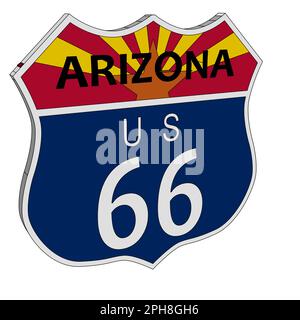 Verkehrsschild an der Route 66 auf weißem Hintergrund mit dem Staatsnamen Arizona im Jahr 3D Stockfoto