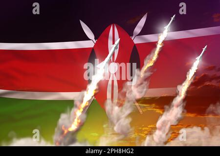 Modernes strategisches Raketenkonzept bei Sonnenuntergang, Kenia-Überschall-Sprengkopfangriff - militärisches 3D-Bild, Atombombe mit Flagge Stockfoto