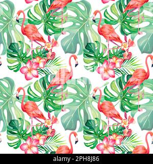 Flamingo- und Monstera-Muster. Mosaik. Collage. Aquarelldarstellung. Tropische Vögel. Exotische Vögel Stockfoto