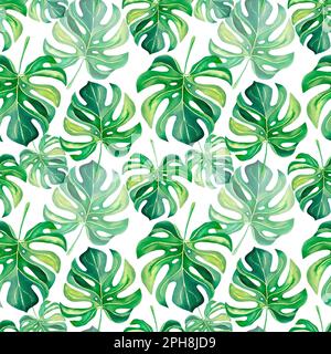 Ein Muster tropischer Pflanzen. Monstera. Der Palmenzweig. Aquarelldarstellung. Die Natur der Tropen. Collage von Monstera und Palmen. Mosaik. Stockfoto