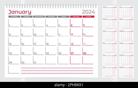 Kalender-2024-Planer-Vorlage. Die Woche beginnt am Montag. Set mit 12 Monaten. Vektordarstellung Stock Vektor