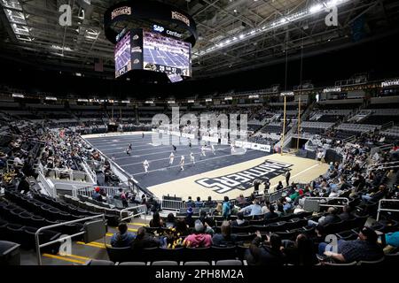 San Jose, California, USA. 26th Mar, 2023. Bay Area Panthers running back  Justin Rankin (2) scores a touch down against Arizona Rattlers defensive  back JACOBI TAYLOR (29) in their IFL (Indoor Football