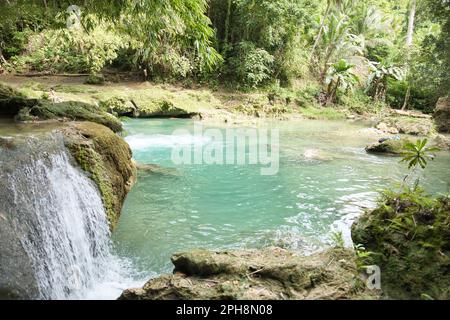 Die idyllischen Cambugahay Wasserfälle in Siquijor auf den Philippinen fließen in ein natürliches Wasserbecken, umgeben von dem lichtdurchfluteten Regenwald. Stockfoto