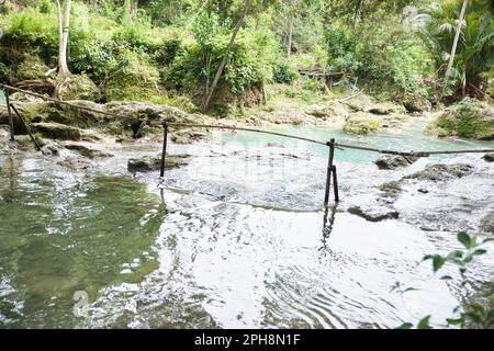 Ein idyllisches Wasserbecken an den Cambugahay Wasserfällen in Siquijor auf den Philippinen, umgeben von einem lichtdurchfluteten Regenwald. Stockfoto