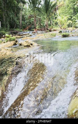 Die idyllischen Cambugahay Wasserfälle in Siquijor auf den Philippinen, umgeben von dem lichtdurchfluteten Regenwald. Stockfoto