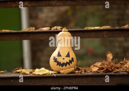 Bemalter Kürbis steht auf eisernen Stufen im trockenen Herbst Laub Vorbereitung für halloween, Kürbis für halloween Stockfoto