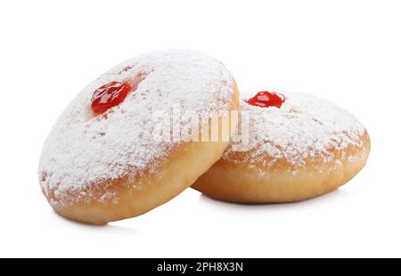 Köstliche Donuts mit Gelee und Puderzucker auf weißem Hintergrund Stockfoto