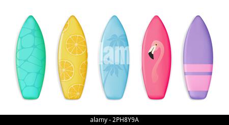 Surfbrett-Set für den Sommer. Surfbretter zur Vektordarstellung, dekoriert in bunten Mustern im 3D-Stil, isoliert auf weißem Hintergrund. Stock Vektor