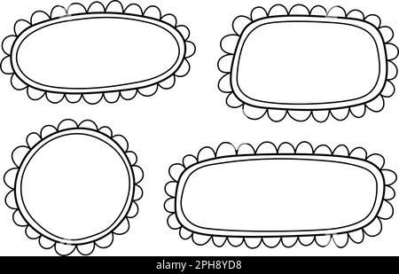 Doodle Circle und quadratische Muschelrahmen. Handgezeichnete Rechteck- und Ellipsenformen mit ausgekrümmten Kanten. Einfaches Etikettenformular. Rahmen aus Blumenspitze Stock Vektor