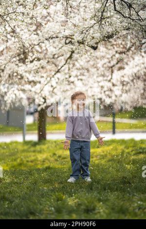 Das kleine Mädchen steht unter einem blühenden Apfelbaum. Der Wind weht und Blütenblätter fliegen wie Schnee im Prag Park, Europa Stockfoto