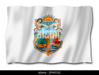 Baja California State Flag, Mexiko winkende Bannersammlung. 3D Abbildung Stockfoto