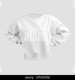 Weibliche Sweatshirt-Vorlage, 3D-Darstellung, weiße Straßenbekleidung, blanke Langarm, isoliert auf Hintergrund, Vorderansicht. Modell modischer Bekleidung, Stockfoto