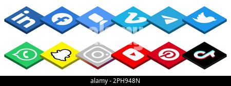 TikTok, Instagram, YouTube, Pinterest, LinkedIn, Facebook, Zoom, Vimeo, Telegram, Twitter, Symbolsatz für WhatsApp und Snapchat Social-Media-App. 3D isometrische quadratische Vektorsymbole. Stock Vektor