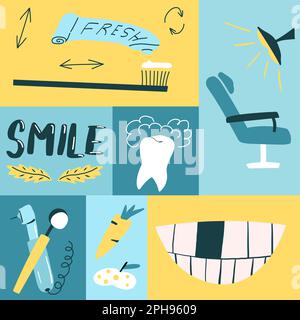 Banner oder Postkarte mit handgezeichneten Objekten für Zahnkliniken oder Schulungsmaterialien, mobile App, Website. Stock Vektor