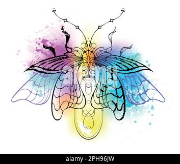Antikes, mechanisches, umrissenes Glühwürmchen mit Glühbirne und dünnen Flügeln auf weißem Hintergrund mit blauen und pinkfarbenen Farbflecken überstrichen. Stock Vektor