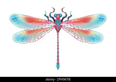 Rot, realistisch, symmetrisch, künstlerisch gezeichnet, in leuchtenden Farben mit strukturierten, detaillierten Flügeln auf weißem Hintergrund. Leuchtende Libelle. Stock Vektor
