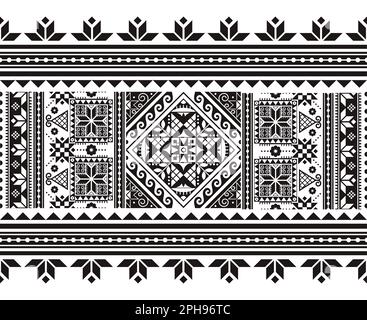 Ukrainische Ostereier Pysanky-Vektor nahtlose folkloristische Kunst langes horizontales Muster - Hutsul traditionelles geometrisches Design in Schwarz und Weiß Stock Vektor