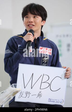 Tokio, Japan. 27. März 2023. Kazuki Tomono (JPN) Figur Skating : ISU-Weltmannschafts-Trophäe 2023 Pressekonferenz mit Repräsentanten der Japan-Repräsentanten in Tokio, Japan . Kredit: YUTAKA/AFLO SPORT/Alamy Live News Stockfoto