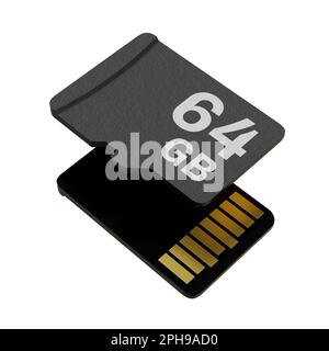 Speicherkarte mit 64 GB Speicherkapazität, microSD-Flash-Speicher isoliert auf weißem Hintergrund. 3D Abbildung Stockfoto
