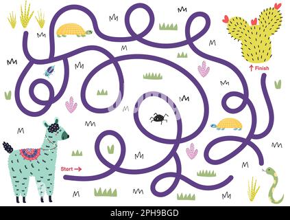 Labyrinth-Puzzle für Kinder. Hilf dem süßen Lama, einen Weg zum Kaktus zu finden. Seite „Aktivität“ Stock Vektor
