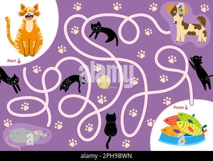 Labyrinth-Puzzle für Kinder. Hilf der süßen Katze, zu essen. Seite „Aktivität“ Stock Vektor