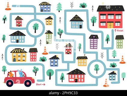 Labyrinth-Puzzle für Kinder. Niedliche Tiere, die ein Auto fahren Stock Vektor