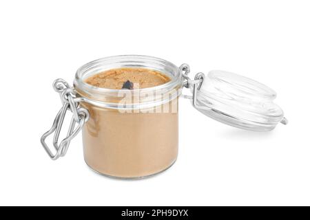 Glasbehälter mit köstlicher Leberpastete auf weißem Hintergrund Stockfoto