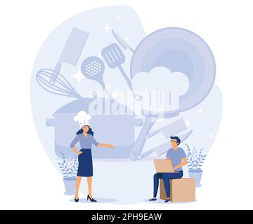 Kochschule - Text auf Bratpfanne in der Küche. Kulinarische Meisterklasse online. Winziger Koch im Hut mit Küchenutensilien und Essen, flacher Vektor mit moderner Illustration Stock Vektor
